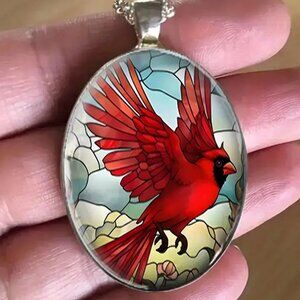 Silver Oval Shaped CARDINAL Pendant Necklace